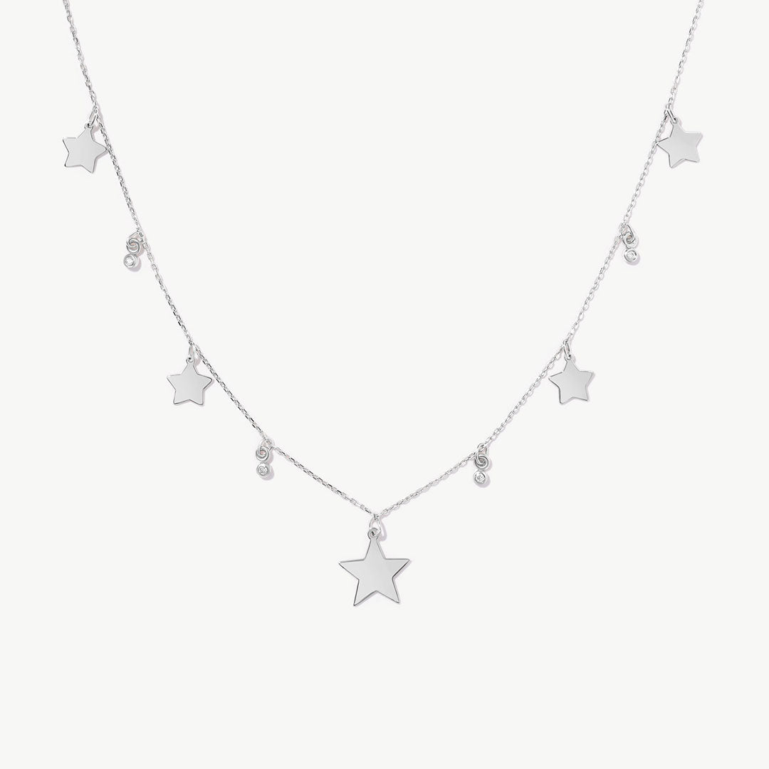 14K Solid Gold Station Star Necklace with Diamond Beads