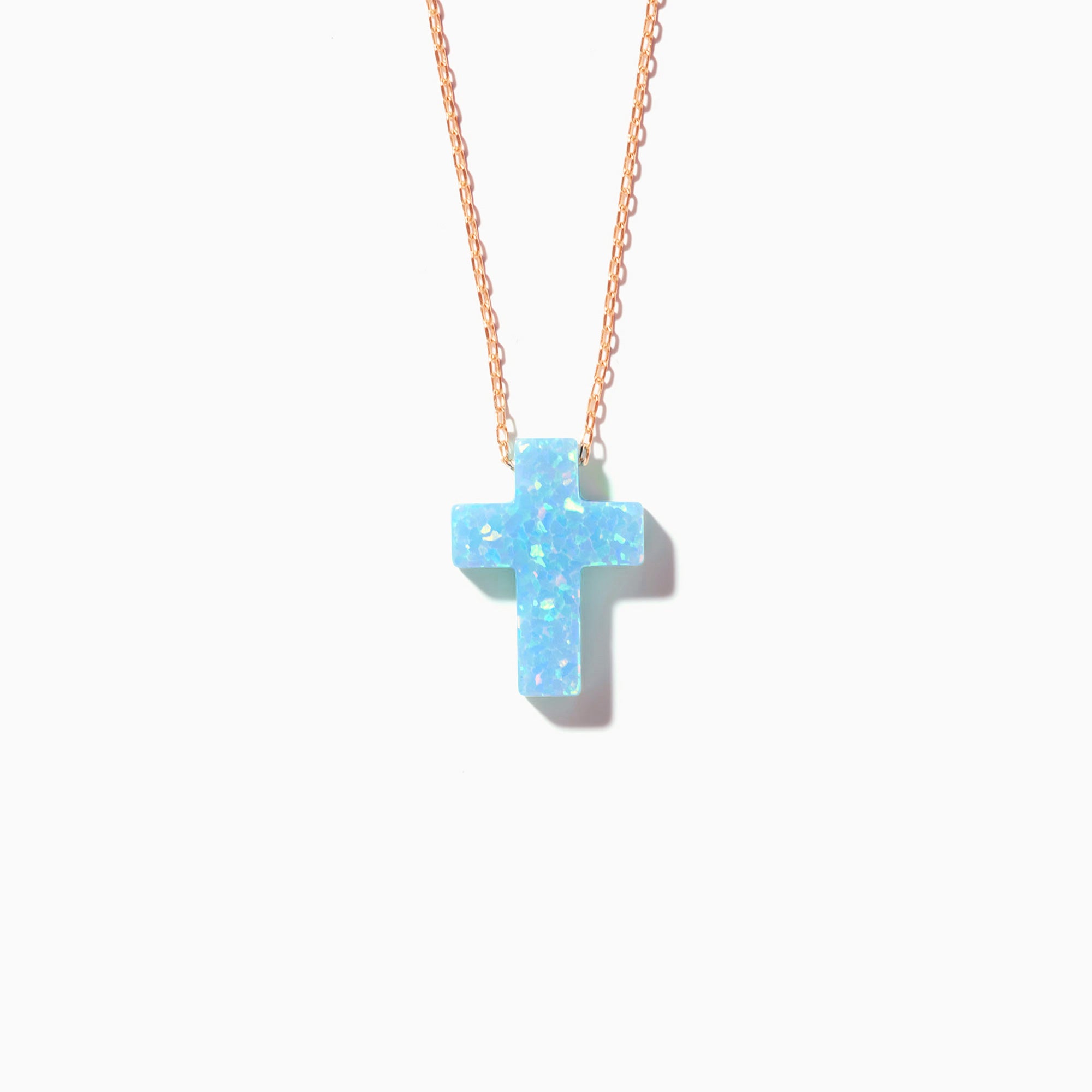 14K Solid Gold Opal Cross Necklace