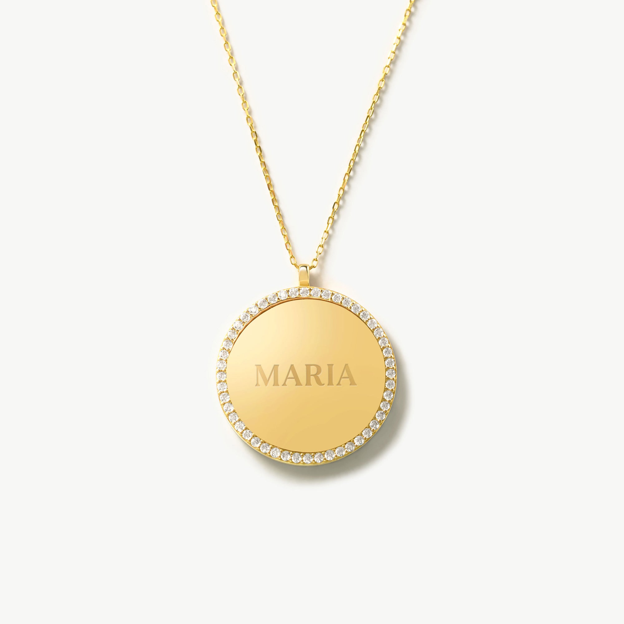 14K Solid Yellow Gold Personalized Name Disc Necklace With Clear Birthstones By Madano