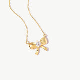 14K Solid Gold Bow Necklace: Dainty Ribbon Pendant