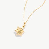 14K Solid Gold Rudder Necklace: Nautical Ship Wheel Pendant