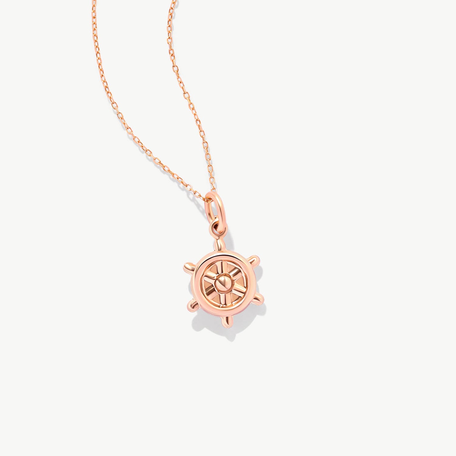 14K Solid Gold Rudder Necklace: Nautical Ship Wheel Pendant