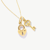 14K Solid Gold Lock and Key Necklace Set: Matching Couple Necklaces