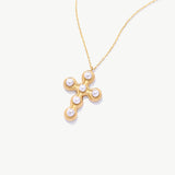 14K Solid Gold Pearl Cross Necklace: Dainty Christian Pendant