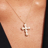 14K Solid Gold Pearl Cross Necklace: Dainty Christian Pendant