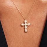 14K Solid Gold Pearl Cross Necklace: Dainty Christian Pendant