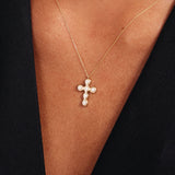 14K Solid Gold Pearl Cross Necklace: Dainty Christian Pendant