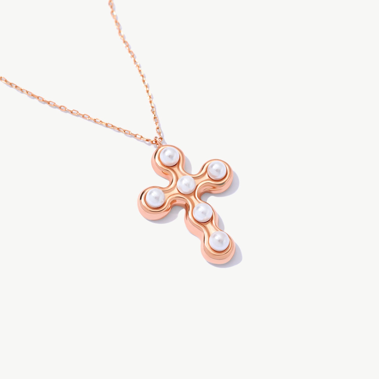 14K Solid Gold Pearl Cross Necklace