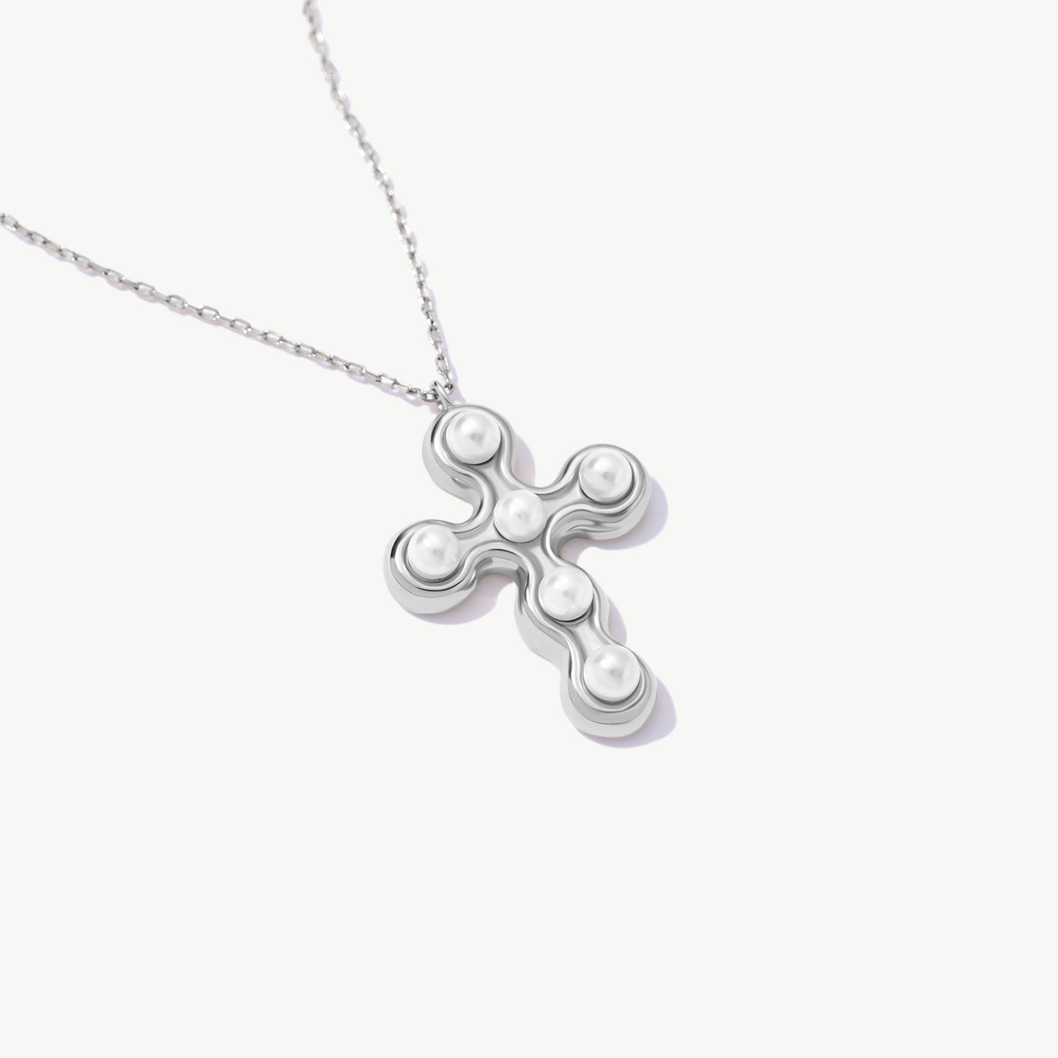 14K Solid Gold Pearl Cross Necklace