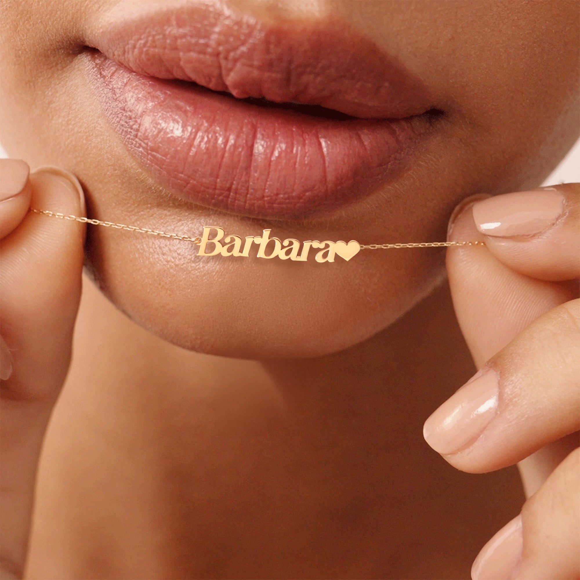 Close Up Of Real 14K Solid Gold Personalized Name Necklace On Model