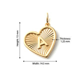 Dimensions of Madano 14K gold heart pendant: 15mm height, 14.5mm width, 1.25mm thickness.