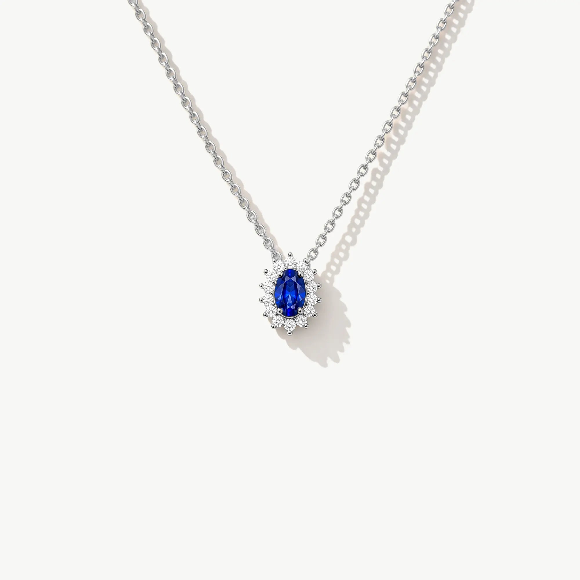 14K Solid Gold Sapphire and Diamond Halo Necklace