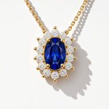 14K Solid Gold Sapphire and Diamond Halo Necklace