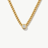 14K Solid Gold Bezel Diamond Solitaire Cuban Chain Necklace