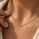 14K Solid Gold Bezel Diamond Solitaire Cuban Chain Necklace