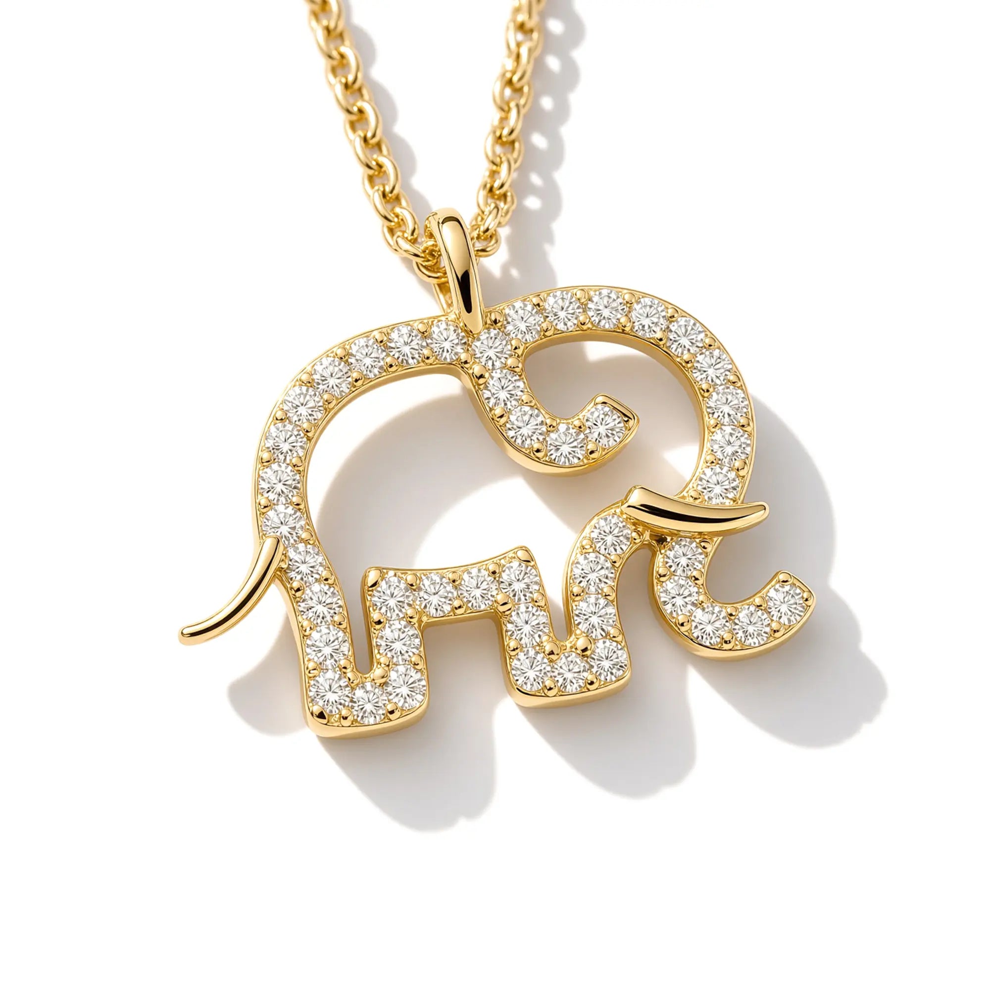 14K Solid Gold Natural Diamond Elephant Necklace