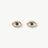 14K Solid Gold Diamond/Sapphire Evil Eye Studs: Personalized Protection Earrings
