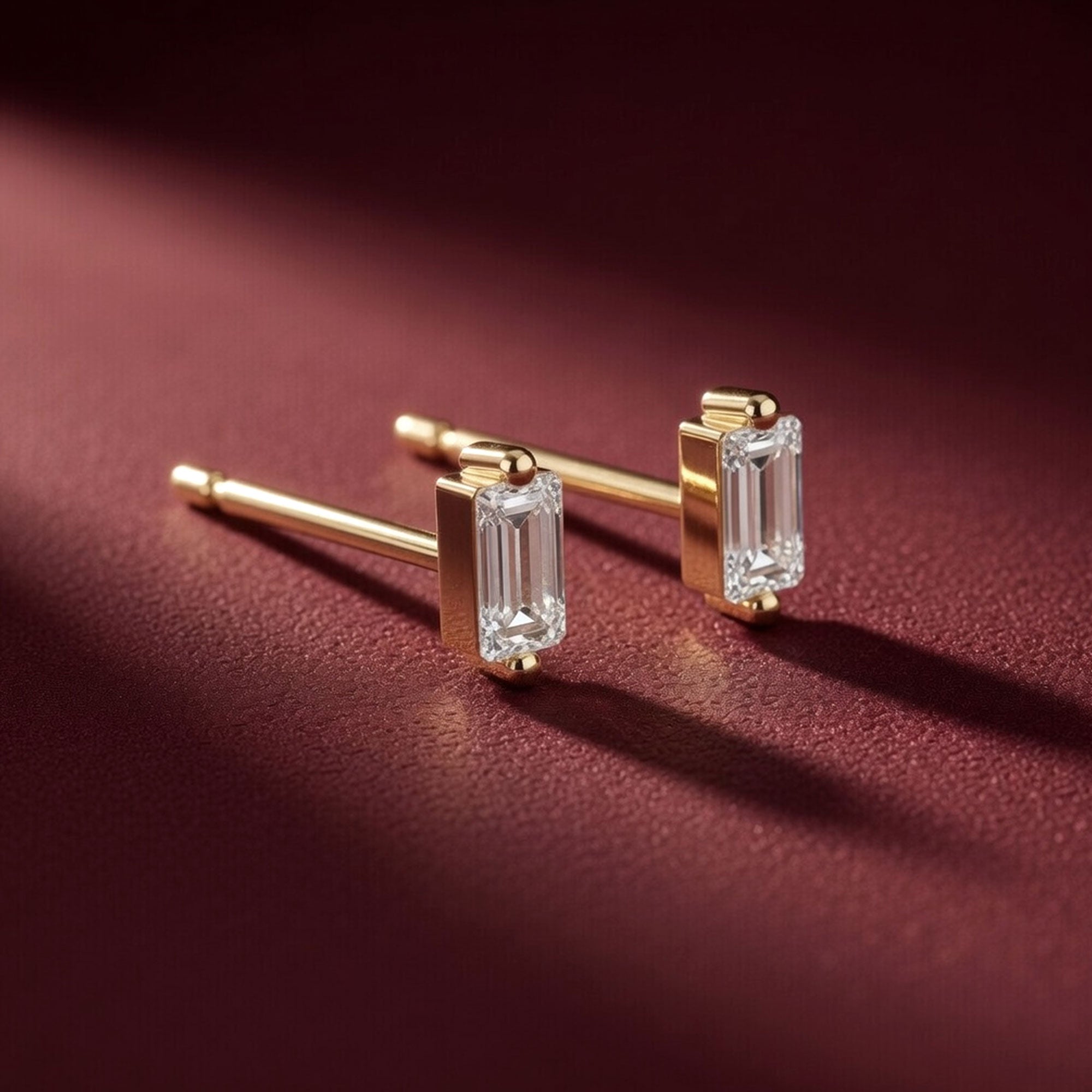 Luxury Baguette Diamond Earrings On Burgundy Background