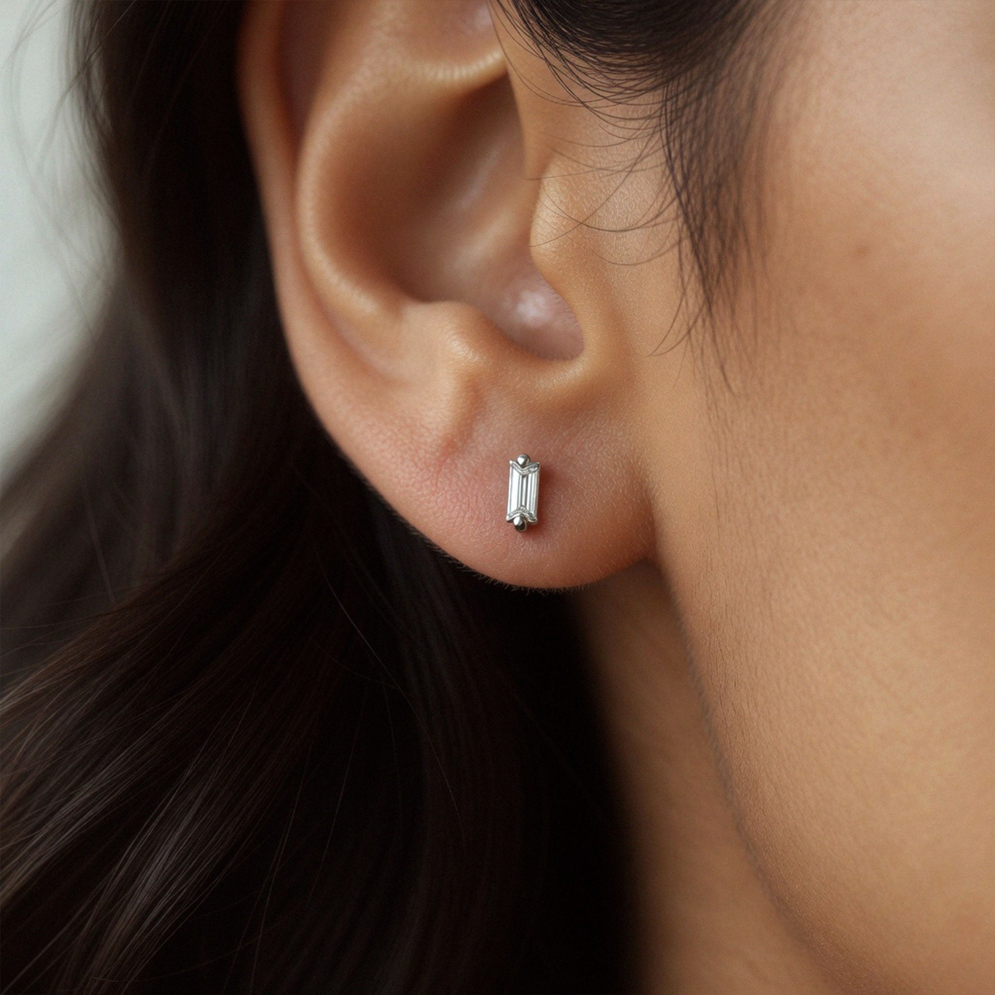 Minimal Lab Diamond Earrings Styled On Ear