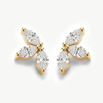 14K solid gold lab grown diamond lotus stud earrings featuring six marquise-cut diamonds arranged in a delicate floral cluster design on a white background.