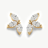 14K solid gold lab grown diamond lotus stud earrings featuring six marquise-cut diamonds arranged in a delicate floral cluster design on a white background.