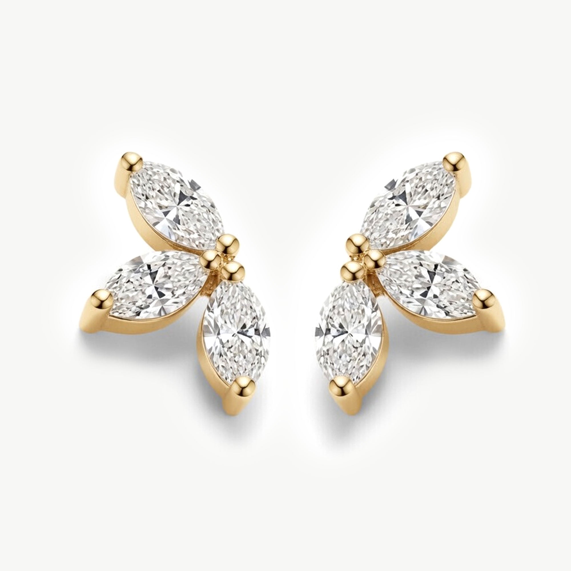 14K solid gold lab grown diamond lotus stud earrings featuring six marquise-cut diamonds arranged in a delicate floral cluster design on a white background.