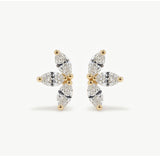 Pair of 14K solid gold floral diamond stud earrings displayed upright, highlighting the marquise diamond cluster arrangement.
