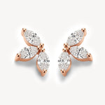 Rose gold version of lab grown diamond flower stud earrings with marquise-cut diamonds arranged in a lotus-inspired silhouette.
