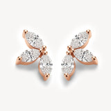 Rose gold version of lab grown diamond flower stud earrings with marquise-cut diamonds arranged in a lotus-inspired silhouette.