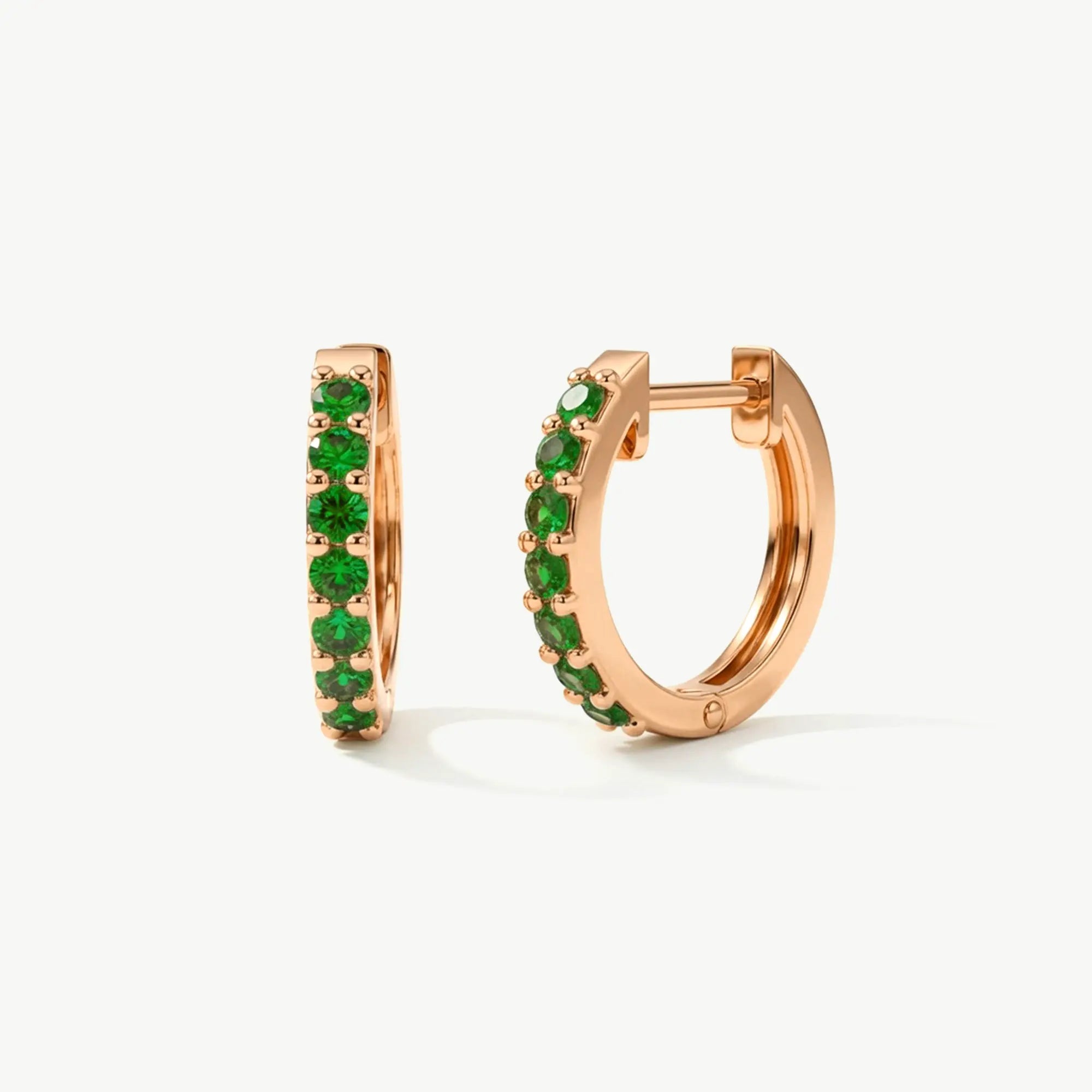 14K Solid Gold Emerald Huggie Earrings