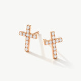 14K Solid Gold Diamond Cross Stud Earrings