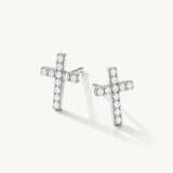 14K Solid Gold Diamond Cross Stud Earrings
