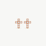 14K Solid Gold Small Diamond Cross Stud Earrings