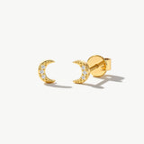 14K Solid Gold Crescent Moon Stud Earrings