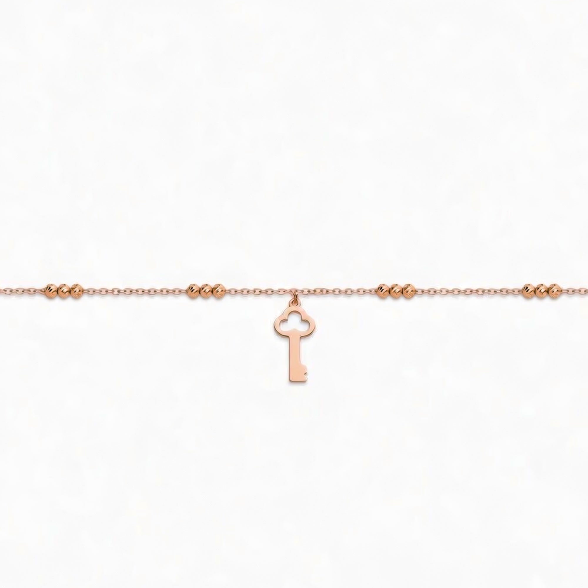14K Solid Gold Ball Beaded Key Charm Bracelet