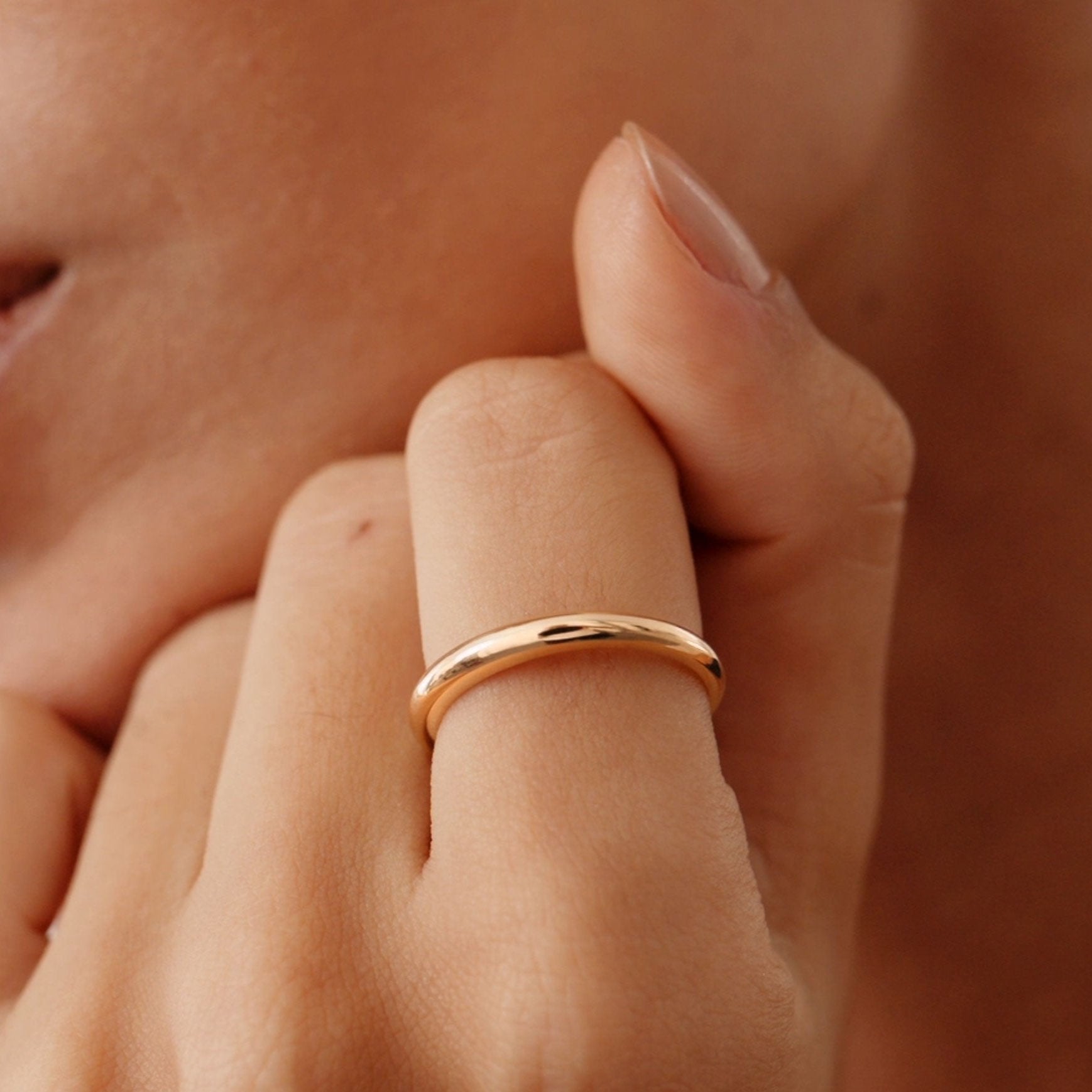 14K Real Solid Gold Dome Ring On Hand