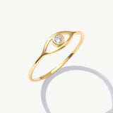 14K Solid Gold Diamond Evil Eye Ring - Protective Stacking Band