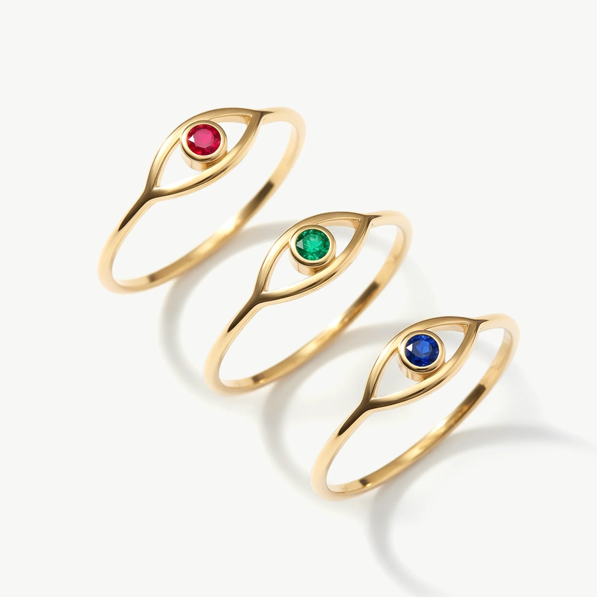 14K Solid Gold Evil Eye Birthstone Rings With Natural Gemstones