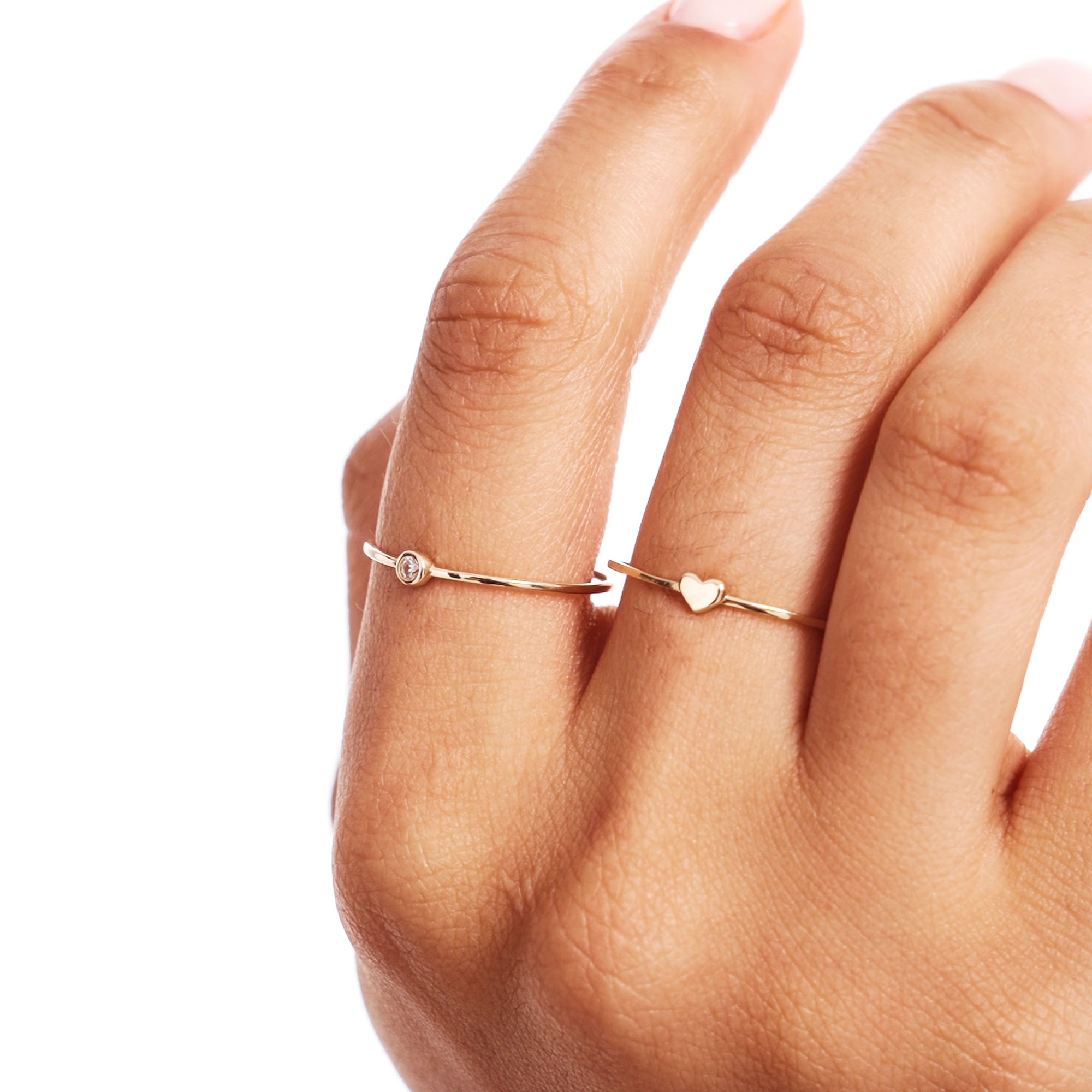 Close Up Of Delicate 14K Solid Gold Heart Ring Stacking Style