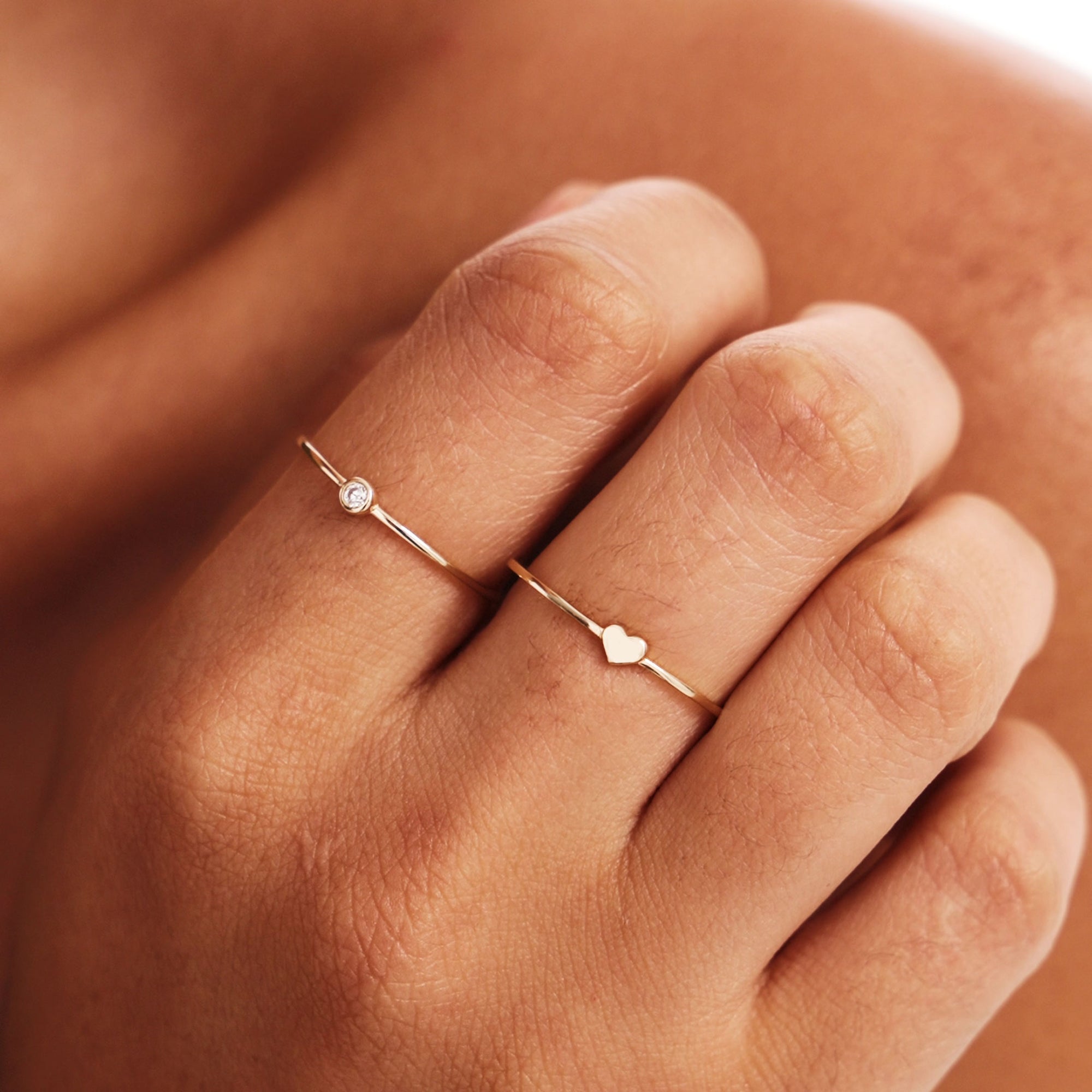 Minimal 14K Solid Gold Tiny Heart Ring Worn On Hand Close Up