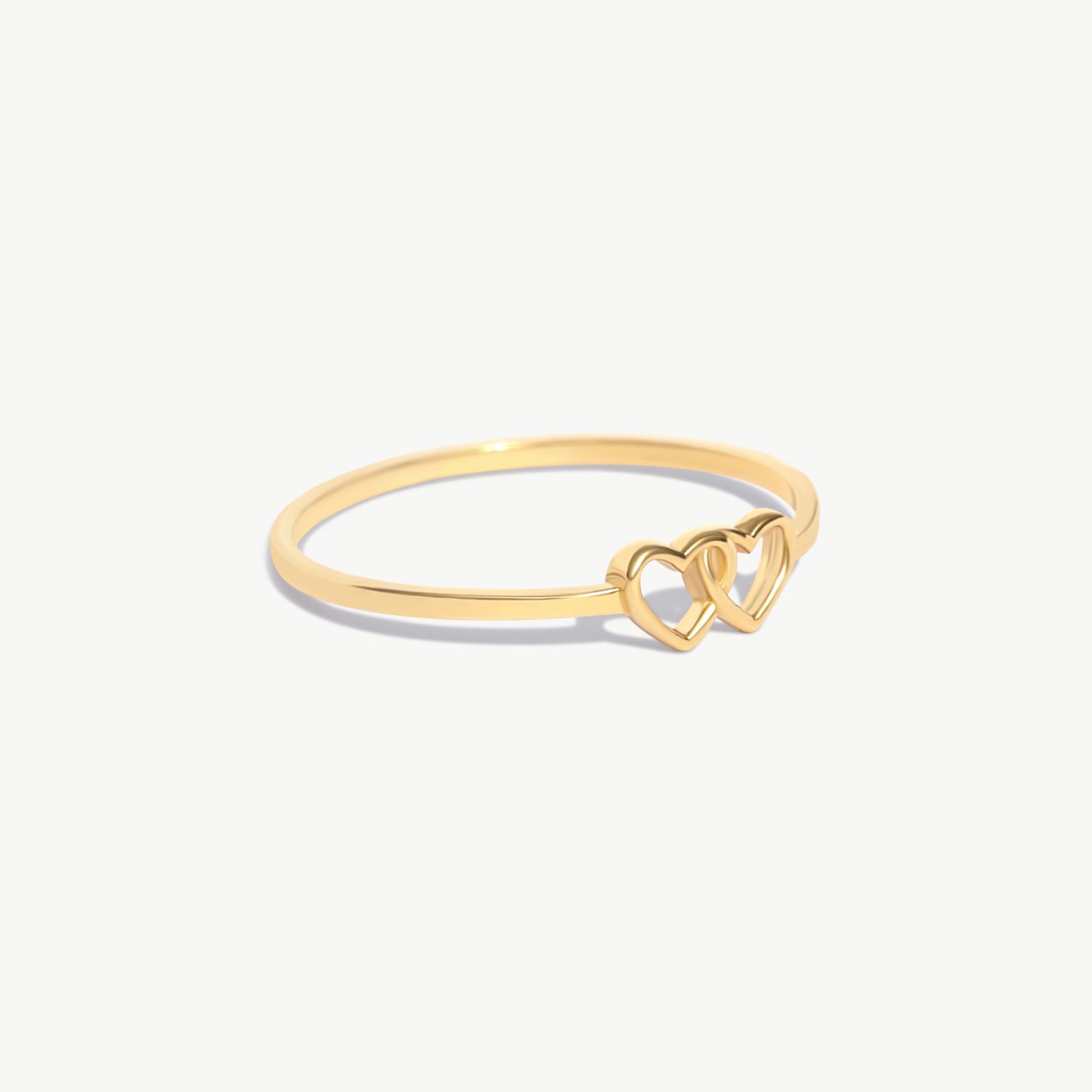14K Solid Gold Double Heart Ring In Yellow Gold Close Up