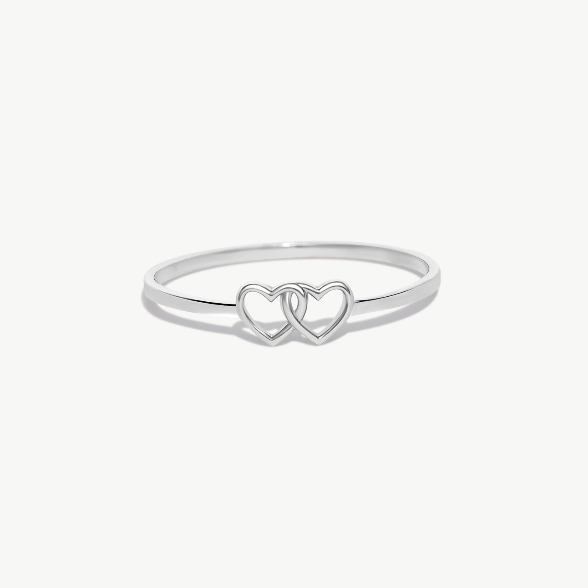 14K Solid Gold Double Heart Ring In White Gold Minimalist Design