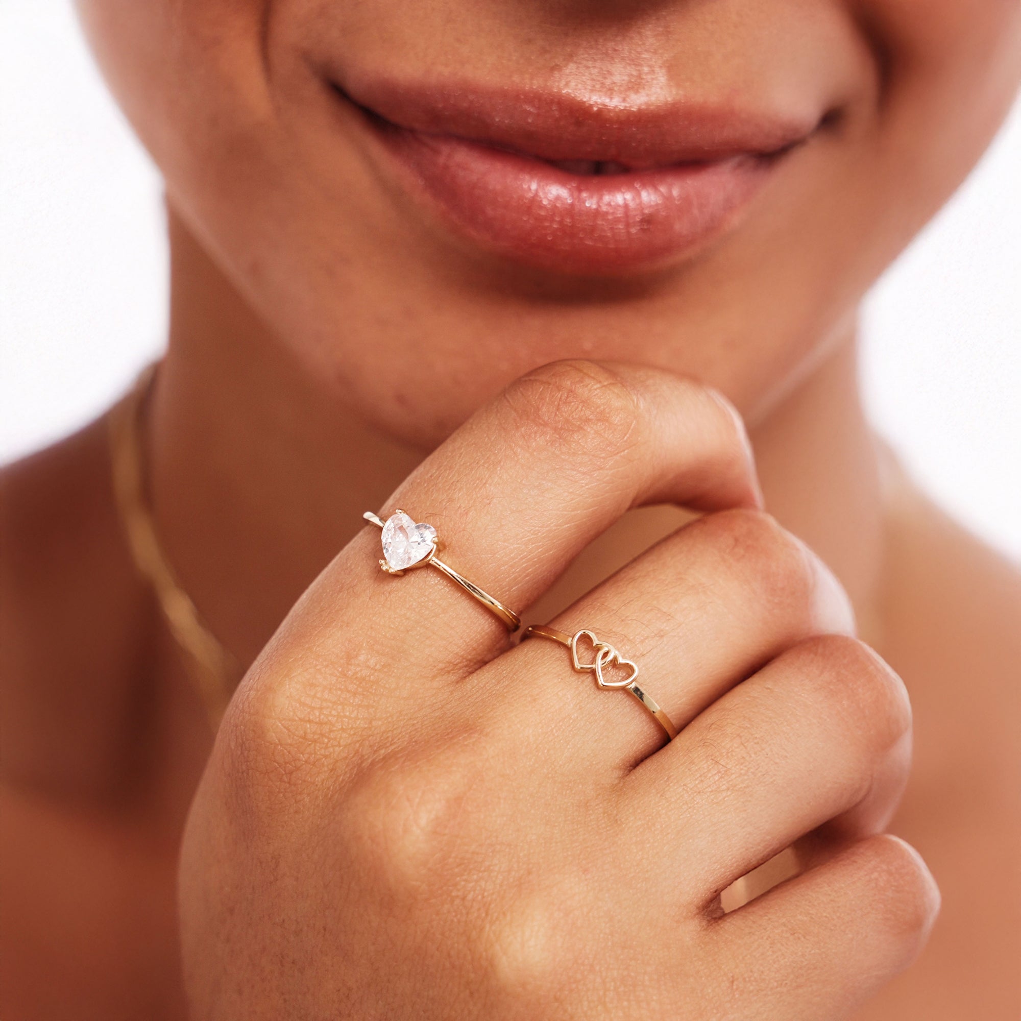 Close Up Of Minimalist Double Heart Ring Stacking Jewelry Style