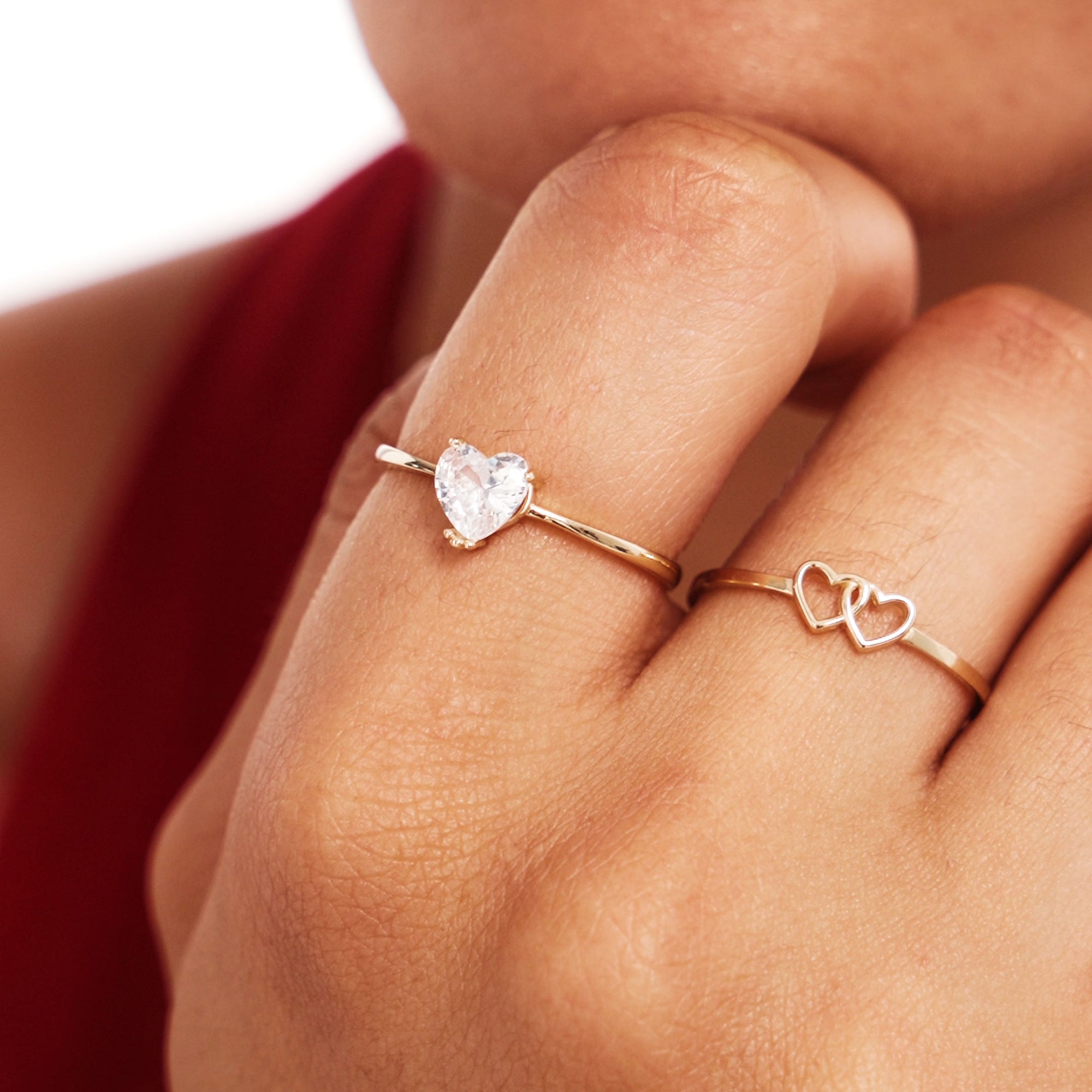 Close Up Of Minimalist Double Heart Ring Stacking Jewelry Style