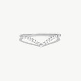 White gold wishbone eternity ring featuring pavé set natural round diamonds arranged along a refined V shaped wedding band design.