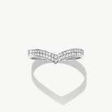 White gold diamond wishbone eternity ring photographed front facing on a white background highlighting the pavé diamond setting and V shaped silhouette.