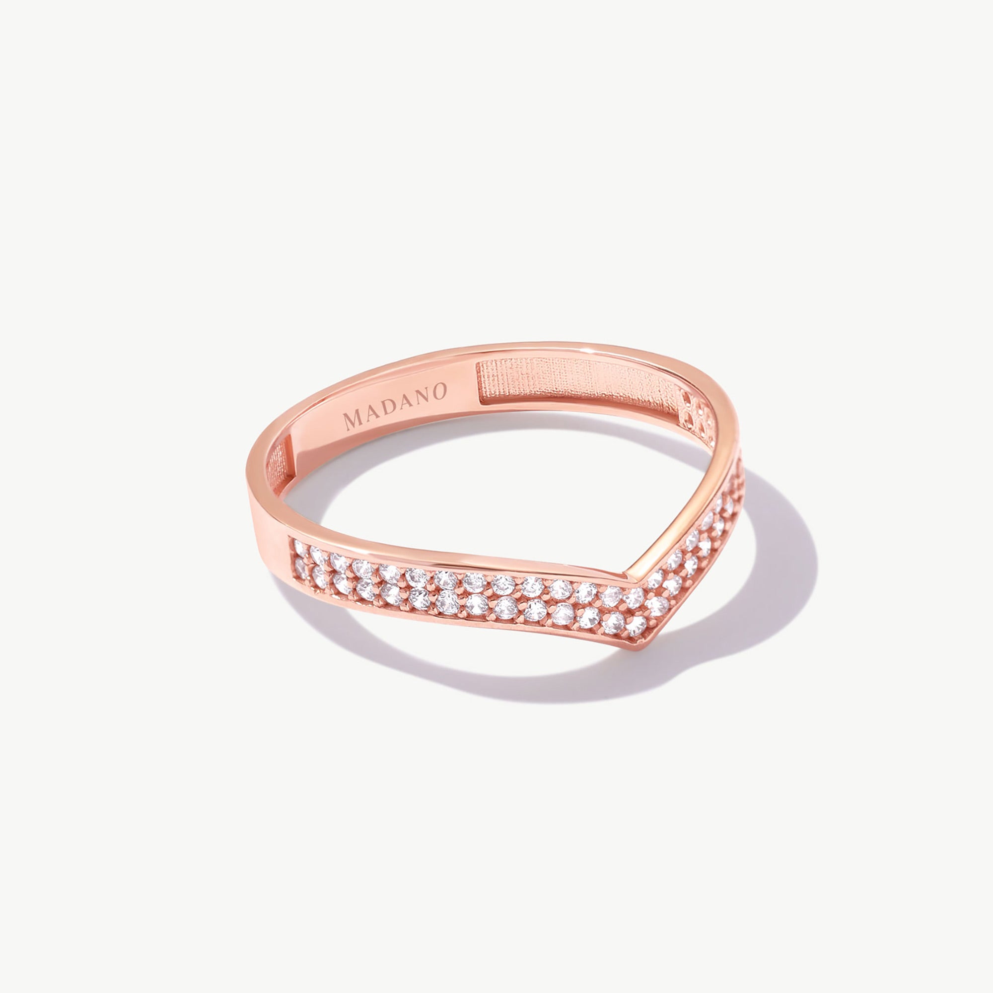 Product photograph of a rose gold diamond eternity wishbone ring crafted from genuine 14K solid gold on a white background.