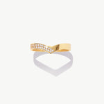 14K solid gold diamond half eternity wishbone ring featuring natural pavé set round diamonds arranged along a refined V shaped wedding band silhouette on a white background.