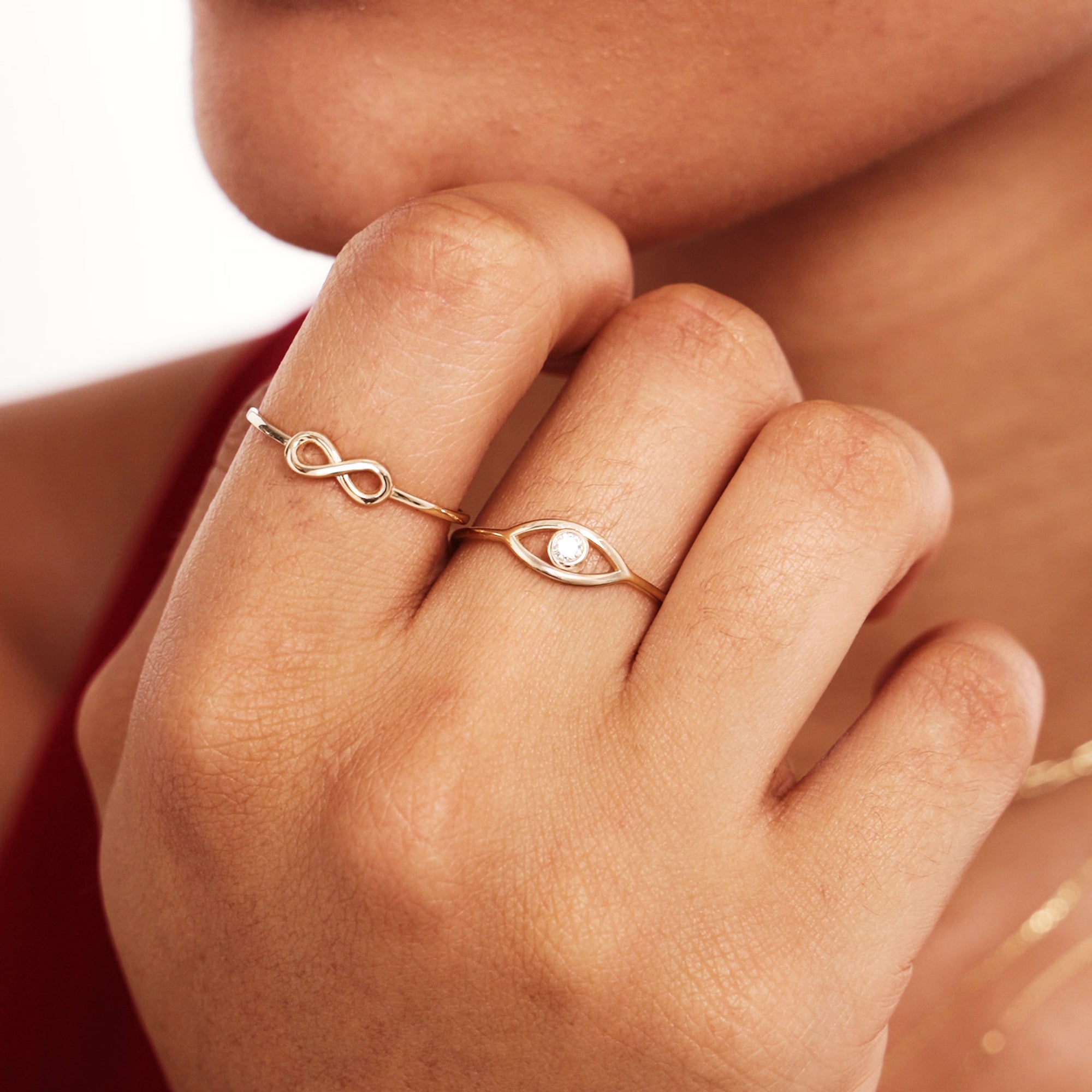 Woman Wearing Minimalist Infinity Ring Fine Jewelry Style