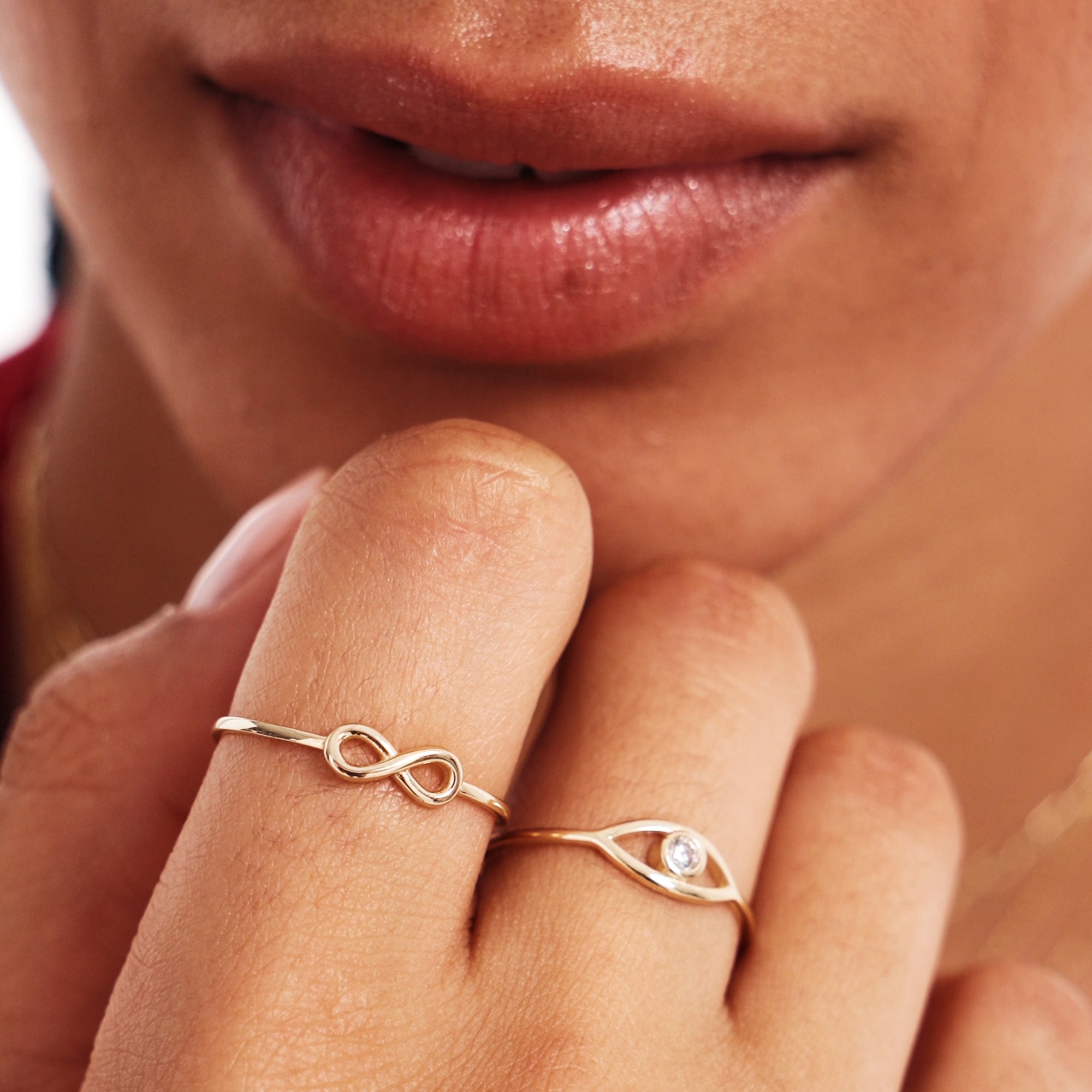 Woman Wearing Minimalist Infinity Ring Fine Jewelry Style